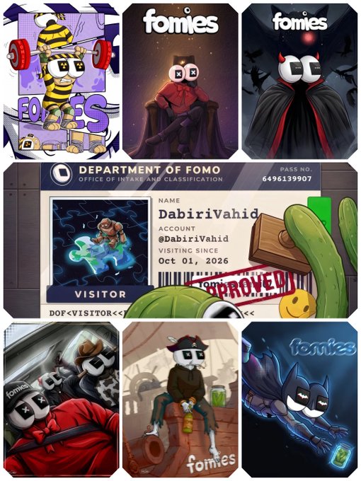 A collection of illustrated trading cards featuring cartoon characters with "x" eyes under the "fomies" brand, including a central ID card for "DabiriVahid" issued by the "DEPARTMENT OF FOMO".