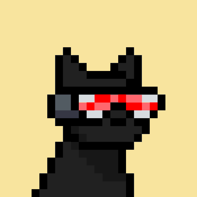 A pixel art illustration of a black ninja-like character with cat ears and a red headband, set against a yellow background.