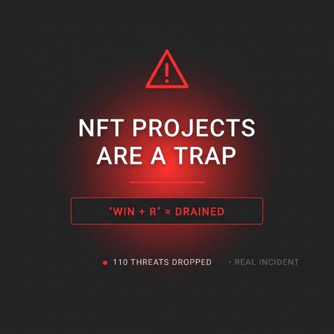 A dark warning graphic features a red triangle alert icon above "NFT PROYECTS ARE A TRAP" with a code box showing "WIN + R = DRAINED" and footer text stating "110 THREATS DROPPED • REAL INCIDENT." The image illustrates the user's reported "ClickFix" Web3 scam, where a seemingly legitimate registration link triggered a malicious PowerShell execution via Win+R that silently drained their system after engaging with a fake NFT playtest.