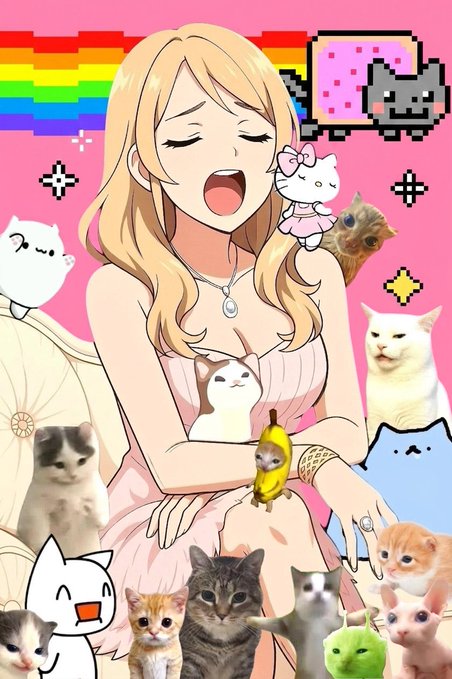 An anime-style illustration of a blonde woman surrounded by various cats, pixel art elements, and a rainbow on a pink background.