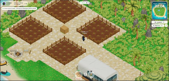 A screenshot of a farming simulation game showing four planted fields, a character, a hay bale, and UI elements indicating "CoralBay", "Autumn", "Week 1", and "22:04".