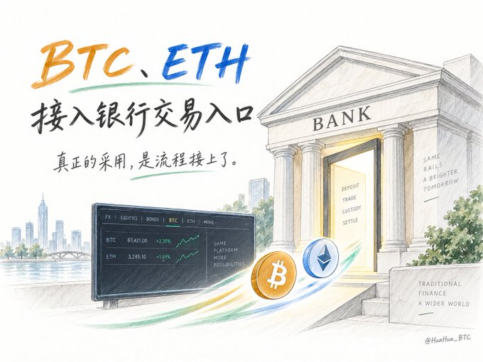 The image is a hand-drawn illustration showing a classical bank building labeled "BANK" with its doors opening to reveal services including "DEPOSIT, TRADE, CUSTODY, SETTLE," alongside a trading screen displaying BTC at $67,623.00 (+2.35%) and ETH at $3,245.10 (+3.15%), with Bitcoin and Ethereum coins floating toward the bank entrance. Text reads "BTC, ETH 接入银行交易入口" and "真正的采用，是流程接上了" (Real adoption means the processes are connected), with annotations "SAME RAILS A BRIGHTER TOMORROW" and "TRADITIONAL FINANCE A WIDER WORLD."

The image directly visualizes the post's announcement about Standard Chartered integrating BTC and ETH into its banking trading interface, symbolizing the seamless connection between cryptocurrency assets and traditional banking infrastructure for institutional spot trading.