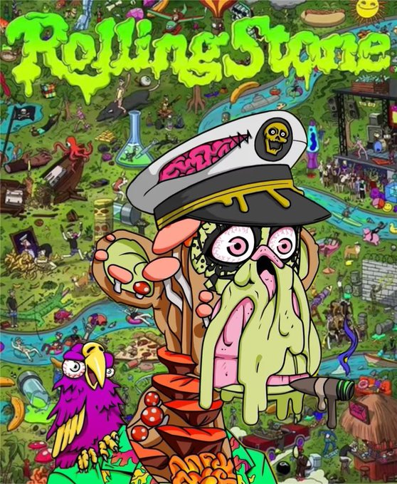 A vibrant, psychedelic illustrated cover for Rolling Stone magazine featuring a captain's hat-wearing creature with wide eyes and dripping features.