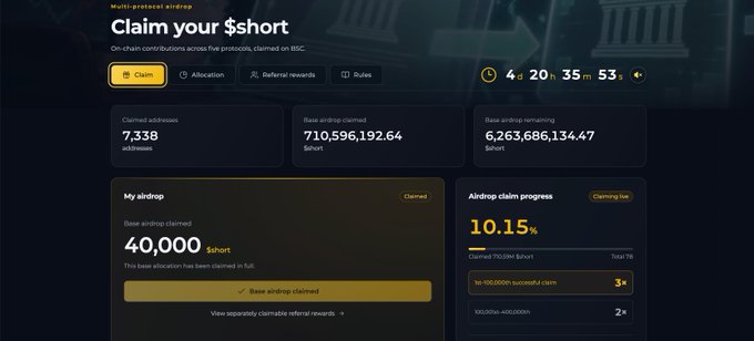 A screenshot of a crypto airdrop claim page titled "Claim your $short" showing 7,338 addresses claimed, 710,596,192.64 $short distributed, 40,000 $short base airdrop claimed, and 10.15% airdrop claim progress.