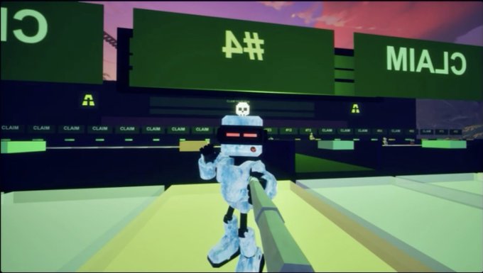 A first-person view in a video game shows a silver robot being attacked with a green bat in front of large digital screens displaying "CLAIM" and "A#".
