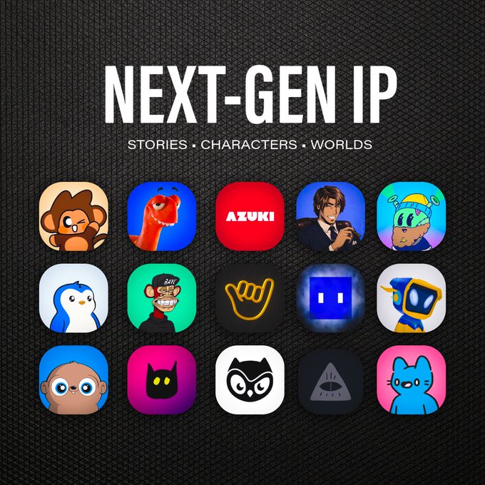 A promotional graphic titled "NEXT-GEN IP" displaying "STORIES • CHARACTERS • WORLDS" above a grid of 15 character avatar icons, including one labeled "AZUKI."