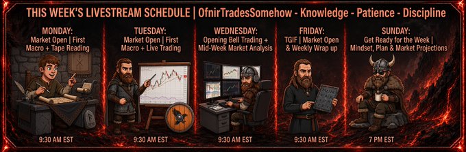 A livestream schedule graphic titled 'THIS WEEK'S LIVESTREAM SCHEDULE | OfnirTradesSomehow - Knowledge - Patience - Discipline' lists daily events from Monday to Sunday with times like 9:30 AM EST, featuring cartoon warrior characters.