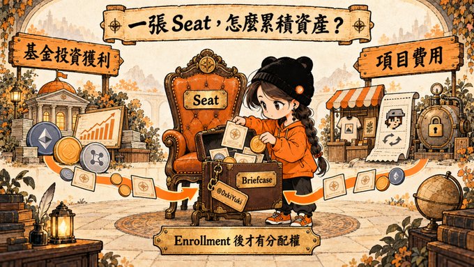 Illustration with Chinese text '一張Seat，怎麼累積資產？' (One Seat, how to accumulate assets?) featuring a girl with a briefcase labeled 'Seat', flanked by '基金投資複利' (Fund investment compound interest) and '項目費用' (Project fees).