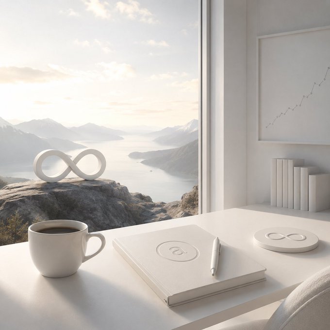 A minimalist white desk with a coffee cup, notebook, and pen sits by a large window overlooking a coastal mountain landscape, featuring infinity symbol decor.