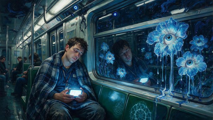 A young man in a plaid jacket sleeps on a subway train while holding a glowing device, with surreal blue eye-blossoms blooming on the window beside him.