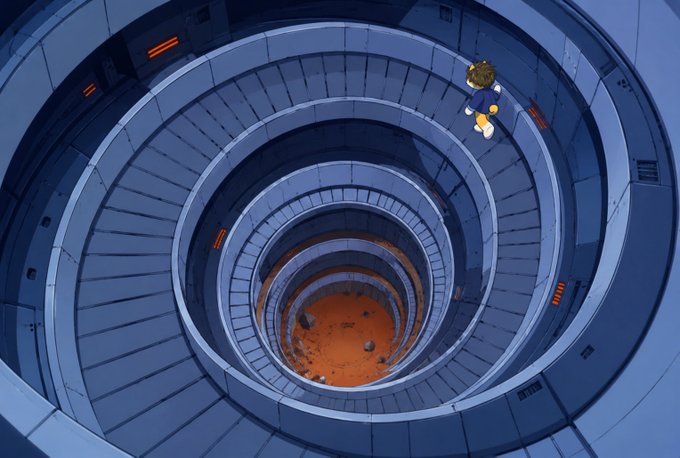 An anime-style illustration shows a small character in a blue jacket standing on the edge of a massive circular concrete shaft or tunnel descending into a desert landscape.
