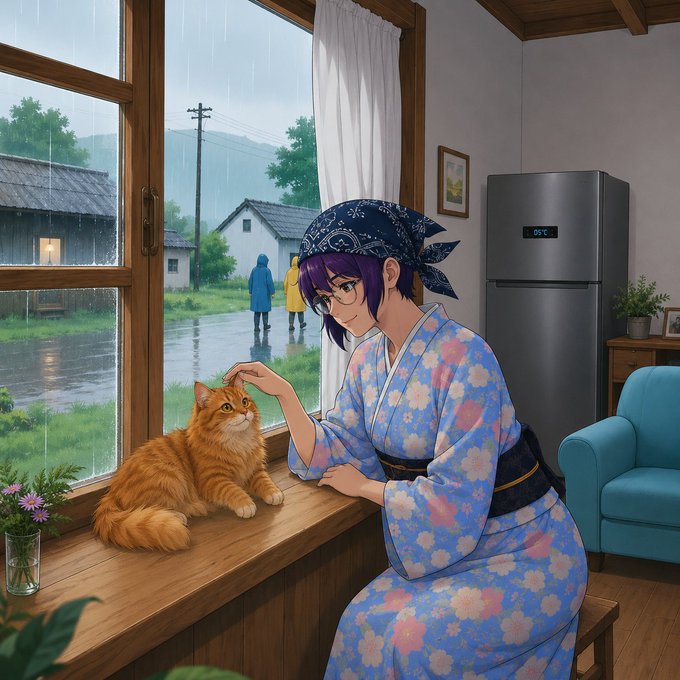 A girl in a floral kimono and bandana gently pets a fluffy orange cat on a wooden window sill as rain falls outside on a quiet village, with a digital clock on the refrigerator reading "05:00." The cozy, peaceful morning scene captures the post's message about finding happiness in simple, comforting moments to start the day with fresh energy.
