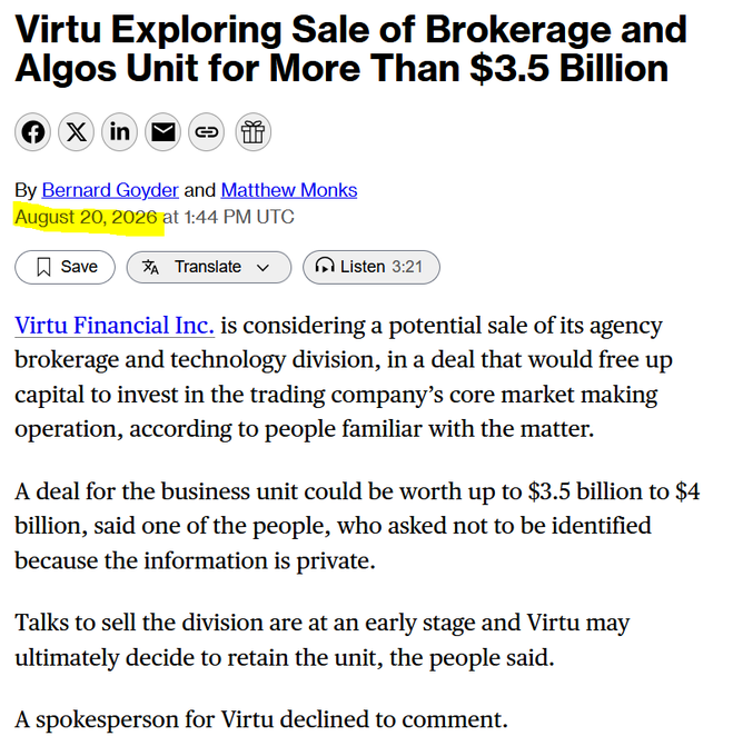 A Bloomberg news article dated August 20, 2026, headlined "Virtu Exploring Sale of Brokerage and Algos Unit for More Than $3.5 Billion," reports that Virtu Financial Inc. (ticker: VIRTU) is considering selling its agency brokerage and technology division for up to $4 billion to invest in its market making operations.

The image relates to the accompanying post by highlighting a major potential windfall for insiders/executives ("Dougie" likely referring to Virtu's CEO Douglas Cifu) from a multi-billion dollar asset sale, mocking retail investors ("apes") who may be invested in the stock and stand to be diluted or disadvantaged by the deal while insiders profit.