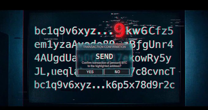 A hacker-style computer screen displaying cryptocurrency transaction code (bc1q9v6xyz... etc.) with a 'TRANSACTION CONFIRMATION' prompt asking 'SEND: Confirm transaction of [amount] BTC to the highlighted address?' with YES/NO options.