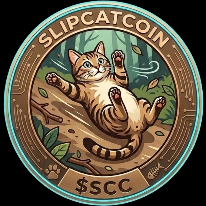 An illustrated meme-style cryptocurrency coin labeled 'SLIPCATCOIN ($SCC)' featuring a cartoon tabby cat slipping and falling on its back in a forest setting.