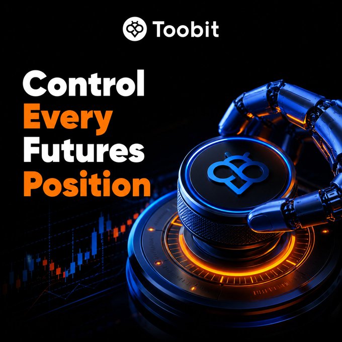A promotional graphic for Toobit featuring the Toobit logo and the tagline "Control Every Futures Position," depicting a robotic hand gripping a metallic dial engraved with the Toobit logo, set against a backdrop of red and blue candlestick charts. The image visually reinforces the post's message about enhanced futures trading control and chart-based execution tools.