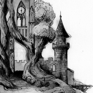 A black-and-white pen and ink illustration shows a gothic scene with a twisted tree in the foreground, a stone castle tower with a conical roof, and a larger cathedral-like structure with a clock tower in the background.