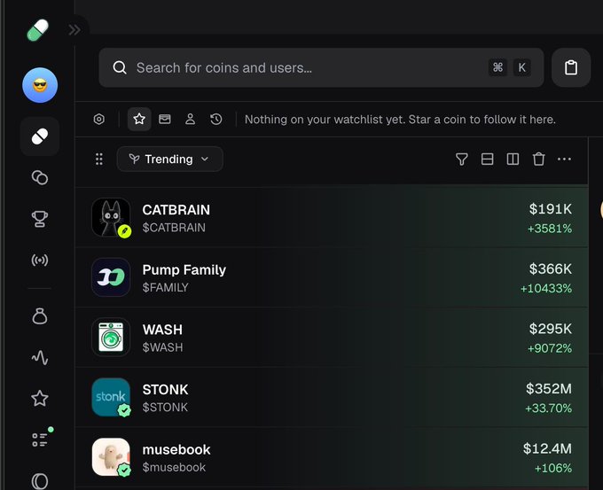 A dark-themed crypto tracking dashboard displays a trending list featuring meme coins including CATBRAIN at $191K (+3581%), Pump Family at $366K (+10433%), WASH at $295K (+9072%), STONK at $352M (+33.70%), and musebook at $12.4M (+106%). The screenshot visually supports the post's claim that CATBRAIN is trending, though the displayed market cap ($191K) and gain (+3581%) differ from the figures mentioned in the caption ($323K and +5189%).