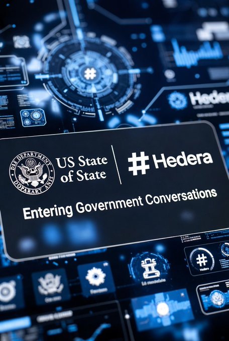 A futuristic digital interface displays the seal of the US Department of State alongside the Hedera (#HBAR) logo with the text "Entering Government Conversations," visually reinforcing the announcement of the State Department's engagement with the Hedera blockchain. The high-tech blue backdrop with holographic elements symbolizes the enterprise-grade, institutional-level adoption of HBAR for global governance initiatives.