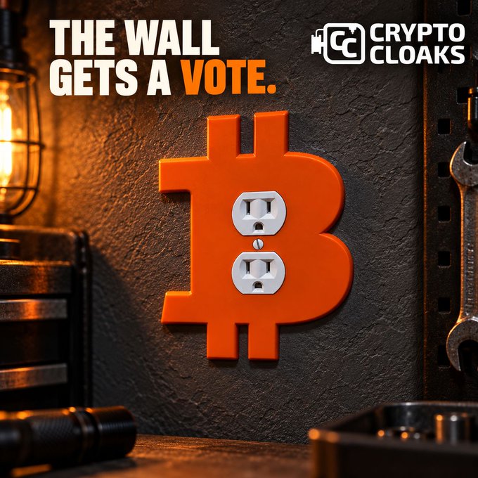 A promotional graphic for Crypto Cloaks featuring an orange Bitcoin symbol styled as a wall outlet, with text reading 'THE WALL GETS A VOTE.'