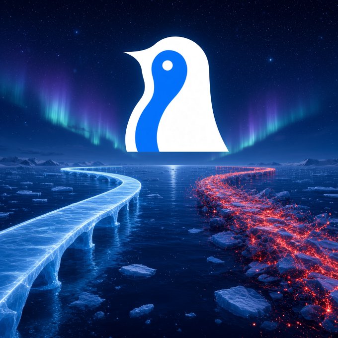 A penguin logo floats above a split icy landscape, with a frozen blue bridge on the left and a lava-filled, glowing red path on the right under an aurora-filled night sky.