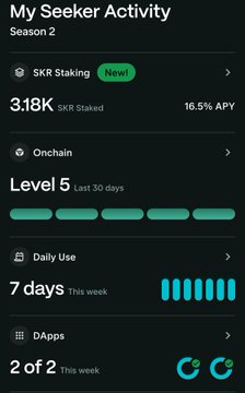 The image shows a cell phone screen displaying information about a user's daily activities, specifically their search terms used for searches or apps. The screen also shows the progress of the user's search for a particular app called "Solana". 

In addition to the search activity and app status, the image provides an overview of how many days the user has spent on these activities in total: 16 days, 813 transactions, 7 days, 6 app categories done, and 7 days active.