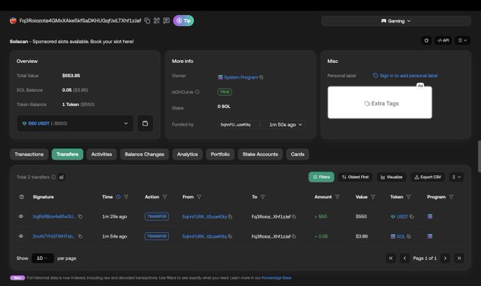 A Solscan page displays a transaction where 550 USDC was transferred from 6zpreLfBkLrL5bsmN9q to Fq3Rsooxx4QMxXAwd5KtSaDh4kUqFq7xLTMPf1zlaF for a total value of $663.95, with the accompanying post confirming this 500u payment plus 10% bonus as a thank-you fee related to legal aid for Octopus Bro.