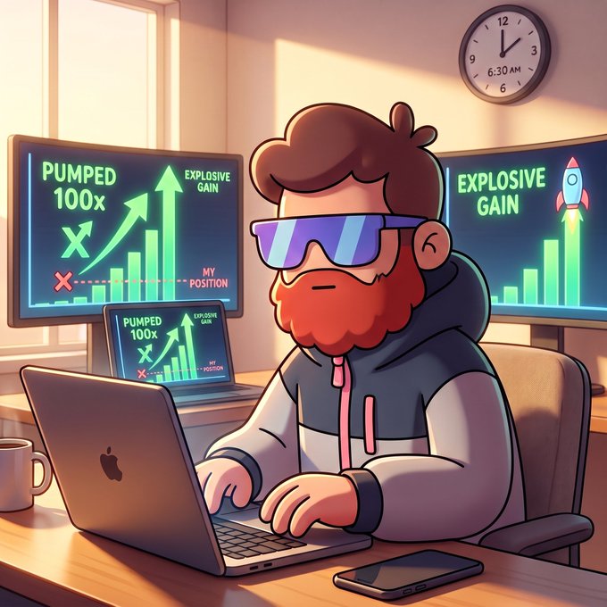 A cartoon illustration of a bearded man wearing purple sunglasses and a hoodie working on a laptop, surrounded by monitors displaying charts with the text 'PUMPED 100x', 'EXPLOSIVE GAIN', and rocket imagery.
