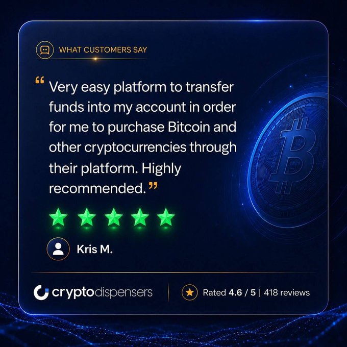 The image shows a blue background with a Bitcoin symbol at the center. Below the Bitcoin symbol, there are four stars arranged vertically. The text "Very easy platform to transfer funds into my account in order for me to purchase Bitcoin and other cryptocurrencies through their platform. Highly recommended." is written below the stars. This message suggests that using the Crypto Dispensers service can be a convenient way to invest in Bitcoin and other digital assets, as it simplifies the process of transferring funds and purchasing them online.