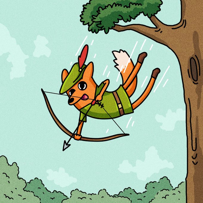 An animated fox dressed as Robin Hood, complete with a green tunic, feathered cap, and bow, leaps through the air away from a large tree while firing an arrow.
