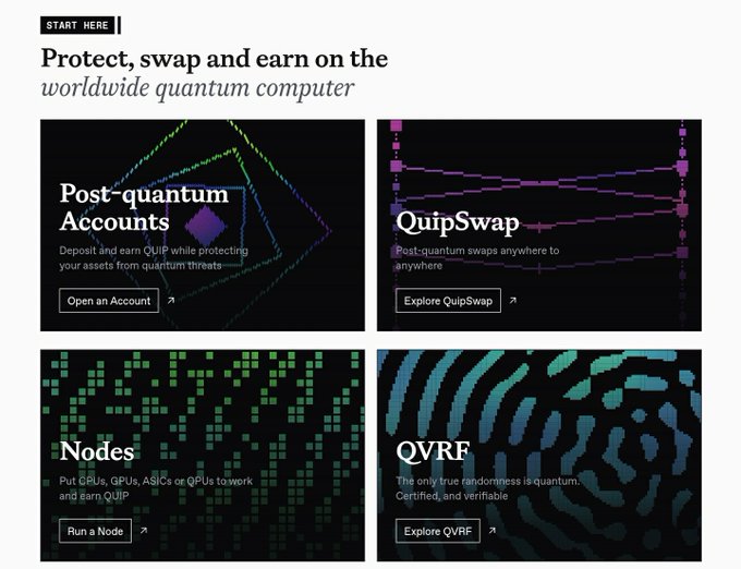 A website landing page titled 'Protect, swap and earn on the worldwide quantum computer' features four options: Post-quantum Accounts, QuipSwap, Nodes, and QVRF.