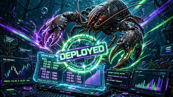 A vibrant cyberpunk-style digital graphic featuring a large mechanical lobster surrounded by neon purple and green circuitry, with the word 'DEPLOYED' prominently displayed and trading charts showing 'SOL/SOLNET' data.