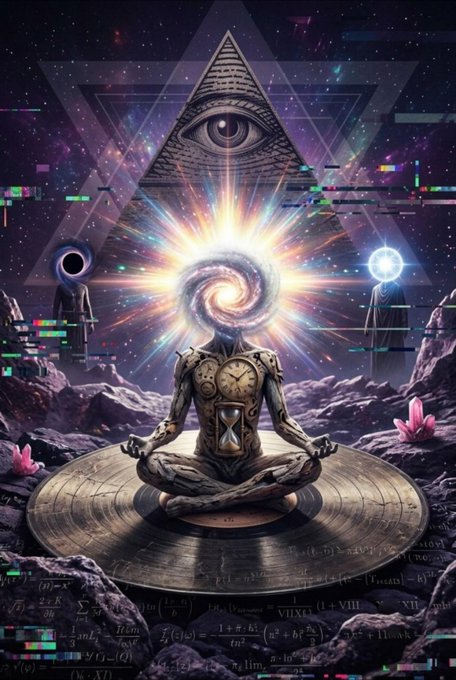 Surreal digital artwork featuring a meditating humanoid figure with mechanical/clock elements sitting in lotus position, an all-seeing eye pyramid above, cosmic spiral energy, and mathematical formulas in the background.