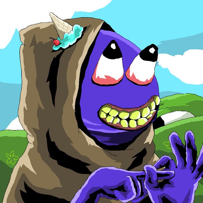 A colorful cartoon drawing depicts a purple-faced character with a wide toothy grin wearing a brown hood decorated with an ice cream cone, making an 'OK' hand gesture against a sky and grass background.