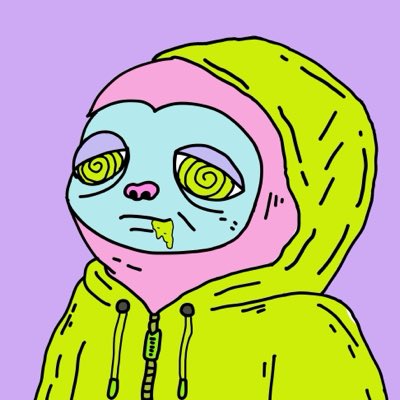 A stylized, cartoon-like illustration of a figure with a blue face, a pink nose, and a yellow-green hooded jacket, featuring green hypnotic spiral eyes and yellow drool.
