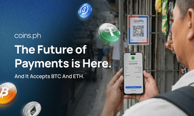The image features a man holding up his phone displaying a QR code that reads "Coins.PH The Future of Payments Is Here. And it accepts Btc and Eth." This QR code leads to an article about Bitcoin and Ethereum payments, which is part of a series on CoinDesk's website.