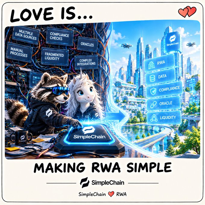An illustrated advertisement titled 'LOVE IS...' shows a raccoon and unicorn character transforming a chaotic tech setup into a clean cityscape, with the text 'MAKING RWA SIMPLE' and 'SimpleChain ❤ RWA' along with labels including 'RWA', 'DATA', 'COMPLIANCE', 'ORACLE', and 'LIQUIDITY'.