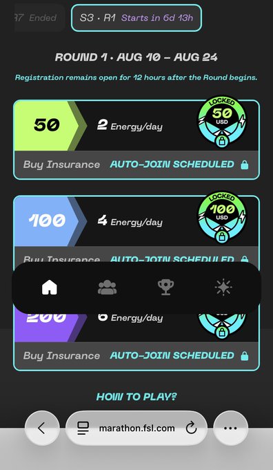 A mobile screen shows a STEPN-like move-to-earn app with 'ROUND 1 - AUG 10 - AUG 24' and tiered energy options (50, 100, 200 USD) marked as 'LOCKED', with an 'AUTO-JOIN SCHEDULED' status for marathon.fsl.com.