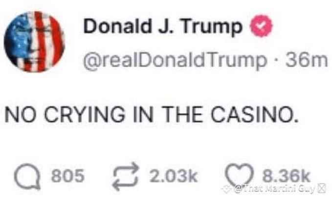 A screenshot of a tweet from Donald J. Trump (@realDonaldTrump) reading 'NO CRYING IN THE CASINO.' with 8.36k likes, credited to 'The Martini Guy'.