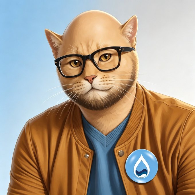 A digital illustration of a hairless cat wearing black glasses, a blue shirt, and a tan jacket with a water droplet badge.
