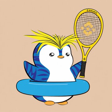 The image features a cartoon penguin holding a tennis racket, with its feet floating in an inflatable pool. The penguin appears to be enjoying itself as it floats around in the water while holding the tennis racket. The post includes text that reads "收到了币安的端午节礼盒！ 众所周知我是排球选手", which is a humorous and playful way of referring to the image.