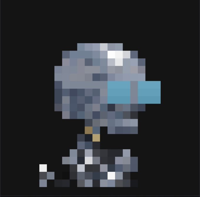 A pixel art character with a grey helmet and blue visor, wearing what appears to be a spacesuit or armor, set against a black background.