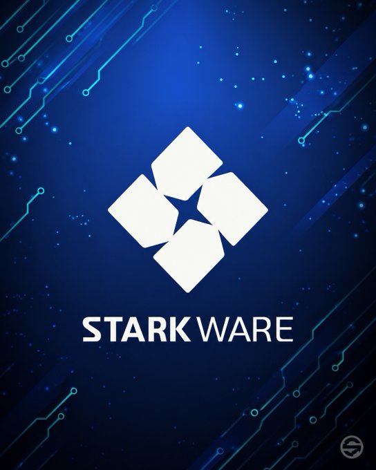 The image features the StarkWare logo prominently displayed in white against a dark blue, circuit-board themed background with glowing accents and star-like particles. The text "STARKWARE" appears beneath the geometric logo, reinforcing the branding as it relates to the announcement about StarkWare researcher Avihu Levy executing the first quantum-safe Bitcoin transaction on mainnet.
