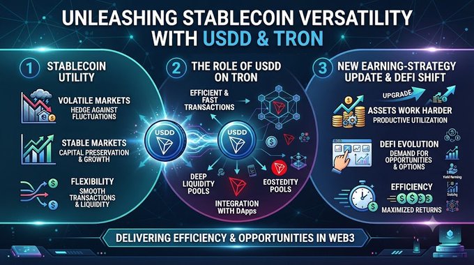 The infographic, titled "UNLEASHING STABLECOIN VERSATILITY WITH USDD & TRON," highlights USDD's utility across volatile and stable markets, its efficient role on the TRON network with deep liquidity pools, and new earning strategies like DeFi shift updates and yield farming that maximize returns. It visually reinforces the post's message by showcasing USDD's adaptability, fast transactions, and integration with DApps as key examples of stablecoin versatility in Web3.