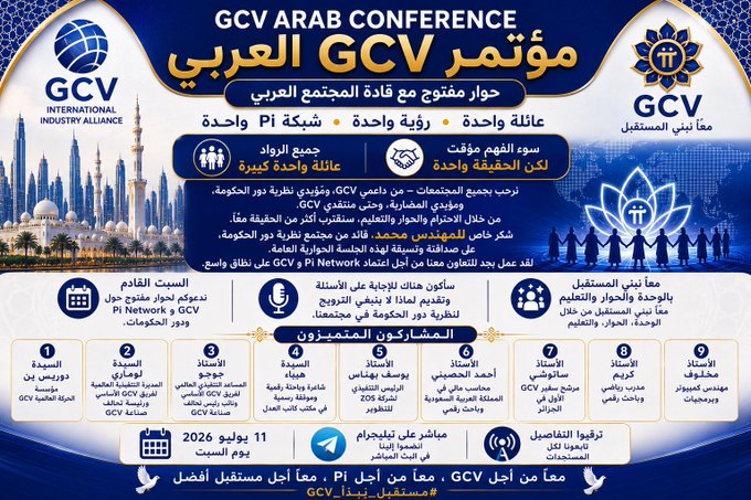 An Arabic-language promotional poster for the 'GCV ARAB CONFERENCE' scheduled for 11 July 2026 in Dubai, featuring the GCV International Industry Alliance logo, skyline imagery, and nine numbered sponsorship packages.