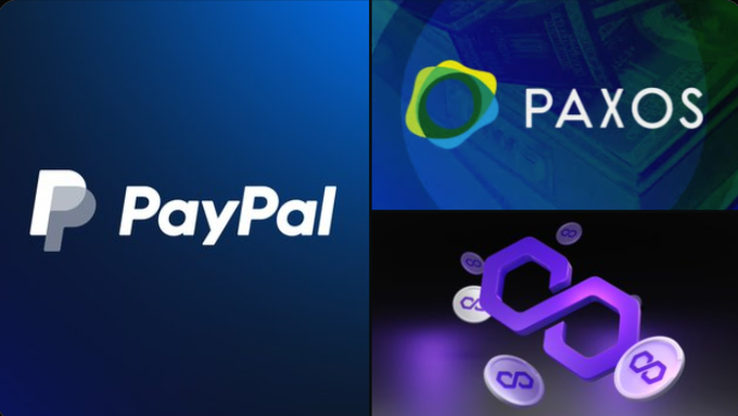 The image features logos for PayPal, Paxos, and Polygon, visually representing the integration of PayPal's PYUSD stablecoin on the Polygon network via Paxos, as highlighted in the post about a significant upgrade for cross-border business payments.