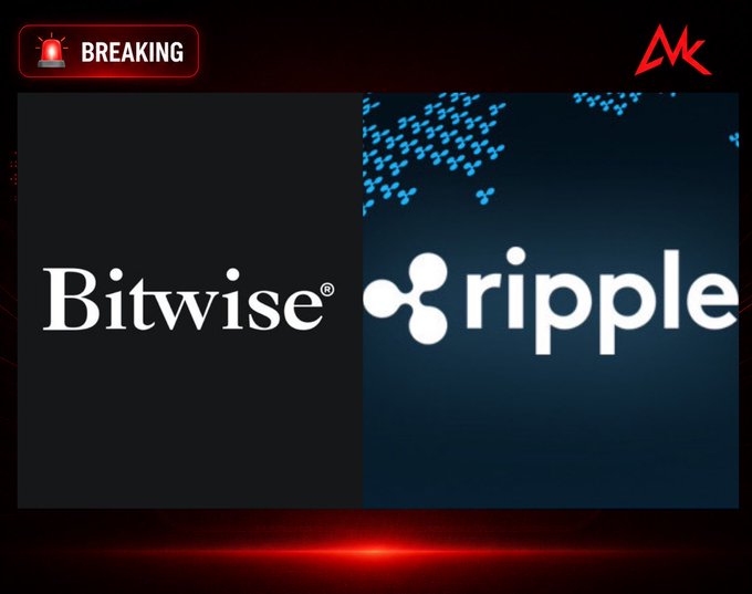 Breaking news graphic featuring the Bitwise and Ripple logos side-by-side with a "BREAKING" alert banner, visually highlighting Bitwise's spot XRP ETF attracting $2.49M in inflows while rival XRP ETFs remained inactive.