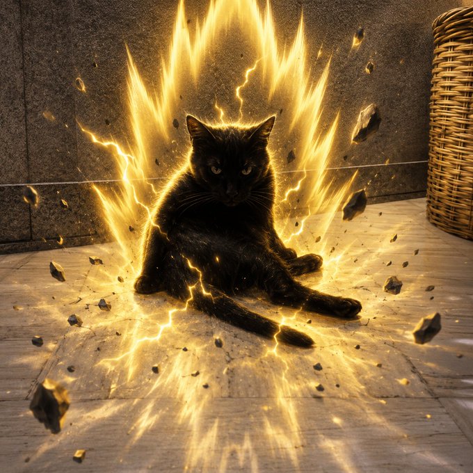 A black cat sits calmly amid a dramatic burst of golden energy and floating debris, embodying the post's "$MUFASA CHARGING UP" theme by channeling the raw, powerful aura of a lion king gathering strength before a charge.