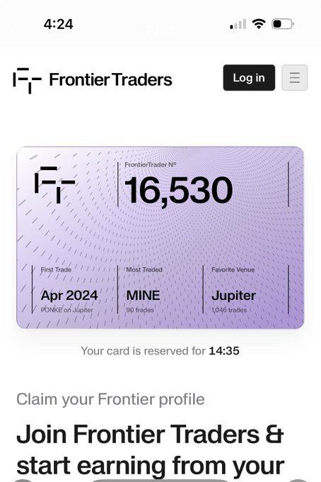 A mobile screenshot of the Frontier Traders platform showing a profile card for 'FrontierTrader N°' with 16,530 points, a First Trade in 'Apr 2024', Most Traded 'MINE' (90 trades), and Favorite Venue 'Jupiter' (1,046 trades).