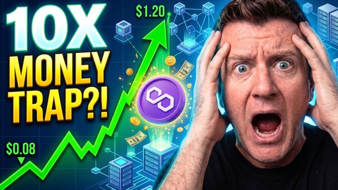 A shocked man reacts to a YouTube thumbnail titled "10X MONEY TRAP?!" featuring a rising green chart from $0.08 to $1.20 with a Polygon (POL) token logo, promoting the video about "Polygon POL Path From $0.08 To $1.20 Target."